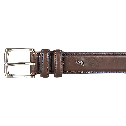 Nautica Men's Dress Leather Belt for Suits and Pants | Classic | Business | Fashion | Adjustable | Metal Buckle - color: Logo Inlay Double Keeper - Brown, size: 42 inch