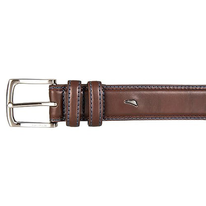 Nautica Men's Dress Leather Belt for Suits and Pants | Classic | Business | Fashion | Adjustable | Metal Buckle - color: Logo Inlay Double Keeper - Brown, size: 42 inch