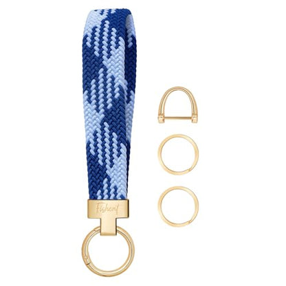 Fishent Stretchy Wristlet Keychain, Cute Key Chain, Woven Wrist Lanyard for Car Keys with 3 Keyrings and D-ring for Women Men - color: Blue-white