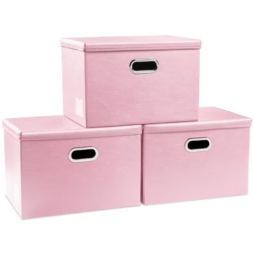 Collapsible Storage Bins with Lids [3-Pack] Leather Fabric Foldable Storage Boxes Organizer Containers Baskets Cube with Cover for Bedroom Closet Office Nursery Pink (14.9x10.8x10) - color: Pink, size: Medium(3-Pack)