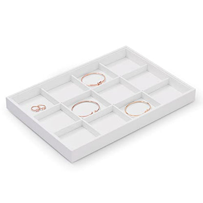 White PU Leather 12-Grid Jewelry Display Organizer Tray | for rings, earrings, necklaces and bracelets, stackable design for home dresser storage, jewelry store counter & trade show - size: 12 Grid