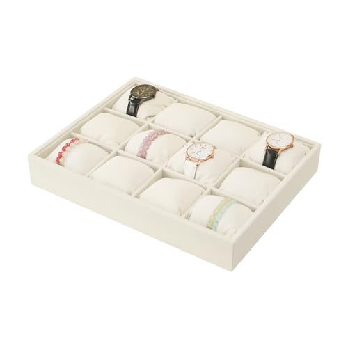 Coward Beige Velvet Watch Bangle Organizer Tray, Velvet 12 Grids Tray for Watches Bracelets Jade Bangle Holder Selling Show - color: Beige Velvet, size: 12Grids with Pillow