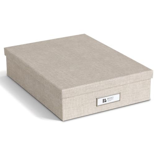 Bigso Oskar Fiberboard Label Frame Document Letter Box for Important Paperwork A4 or Letter Size - Durable Keepsake Box with Lid and Metal Label Holder - 3.3in x 10.2in x 13.8in - Melange Beige - color: Melange Beige, size: 1 Pack