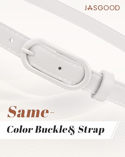 JASGOOD Women Skinny Belt for Jeans Dresses Fashion Thin Waist Belt with Oval Pin Buckle 0.7" Width - color: White, size: Fit waist size 27''-31''
