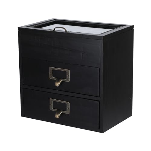 Small Wooden Drawers Wooden Box with Drawer Black | 2 Drawer Storage Box for Apothecary Cabinet, Apothecary Drawers，Desktop Organizer with Metal Handles for Office，Home - color: BLACK-GLASS02