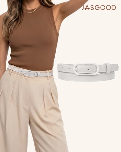JASGOOD Women Skinny Belt for Jeans Dresses Fashion Thin Waist Belt with Oval Pin Buckle 0.7" Width - color: White, size: Fit waist size 27''-31''