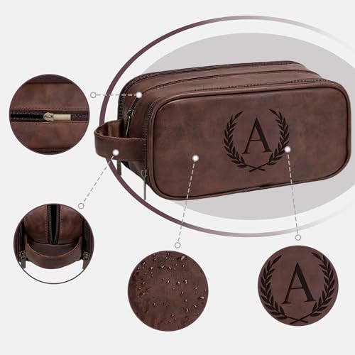 Travel Toiletry Bag For Mens PU Leather Engraved Initials (Dark Brown H) | Personalized Gifts For Father Husband Groomsmen Birthday Waterproof Dopp Kit Bag Beach Travel Essentials Bathroom Organizer - color: Dark Brown, style: H