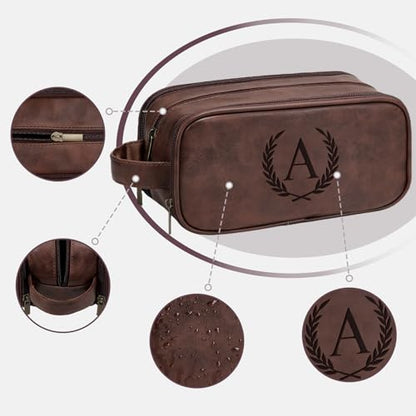 Travel Toiletry Bag For Mens PU Leather Engraved Initials (Dark Brown H) | Personalized Gifts For Father Husband Groomsmen Birthday Waterproof Dopp Kit Bag Beach Travel Essentials Bathroom Organizer - color: Dark Brown, style: H
