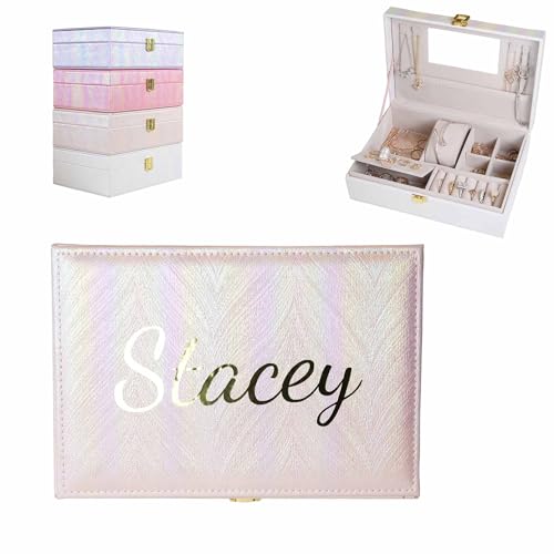 Customizable Rainbow Leather Box with Mirror, Jewelry Case, Jewelry Organizer, Jewelry Box for Women and Girls, Jewelry Organizer (Light Pink Rainbow) - color: Light Pink Rainbow