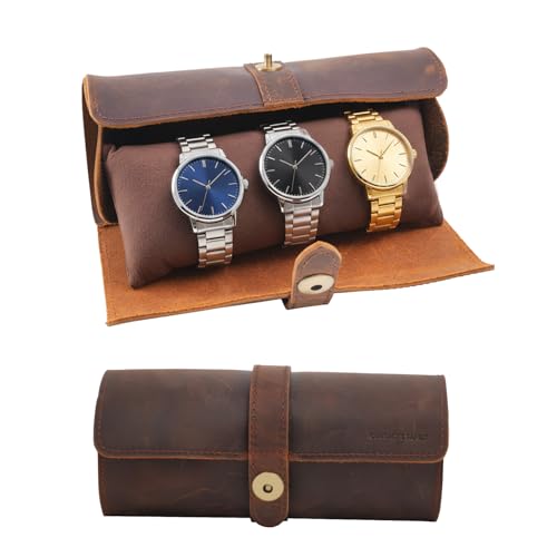Genuine Leather 3 Watch Roll Travel Case, Handmade Portable Watch Box Organizer Display Case, Watch Storage & Travel Case Watch Roll Fits All Wrist Watches & Smart Watches - style: 3-pack