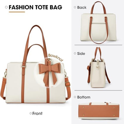 NUBILY Laptop Bag for Women 15.6 inch Leather Work Tote Bag | Waterproof Computer Bag with Bow Large Briefcase with Multi-Pockets Handbag Purse for Business Office Commuting Beige Brown - color: Beige Brown