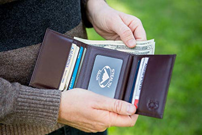 Stealth Mode Trifold Wallet for Men RFID Blocking – Genuine Napa Leather Extra Capacity Mens Wallet, 11 Card Slots, 3 ID Windows, Flip Out ID Holder, Large Tri Fold Leather Wallet for Men - Gift Ready | Top grain Napa leather, 3 ID windows, 11 card slots