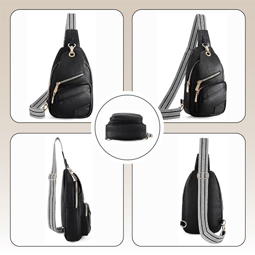 Sling Bag Set, PU Leather Sling Bag, Multi-Zipper Design for Travel, Outdoors, Valentine’s Day Gifts - color: 002-black