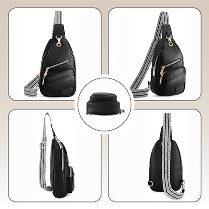 Sling Bag Set, PU Leather Sling Bag, Multi-Zipper Design for Travel, Outdoors, Valentine’s Day Gifts - color: 002-black