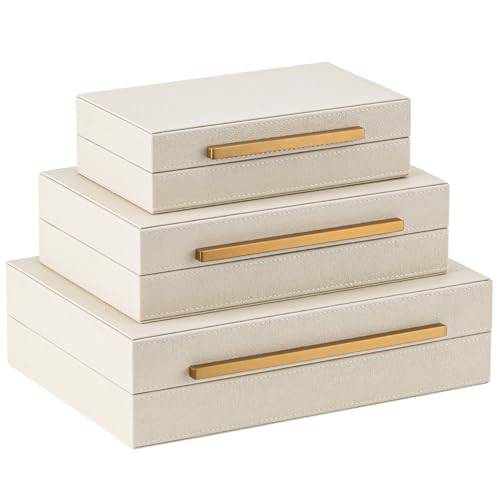 XIGEXIGE Faux Leather Large Modern Stackable Nesting Jewelry Box with Lids Organizer – Set of 3 Beige Shagreen Decorative Storage Boxes with Gold Metal Handles - color: Beige+Gold Handles, size: Set of 3