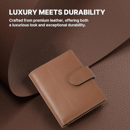 Men's Genuine Cowhide Leather Trifold Wallet with RFID Blocking, Snap Button, 10 Card Slots, Coin Pocket, ID Window (Brown) - color: Brown