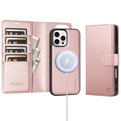 Shieldtop Compatible with MagSafe iPhone 16 Pro Max Wallet Case,Rose Gold | 2 in 1 Detachable Magnetic,Credit Card Holder Slots,RFID Blocking,PU Leather,Kickstand,Flip Folio Phone Cover for Men & Women - color: Rose Gold, size: iPhone 16 Pro Max - 6.9"