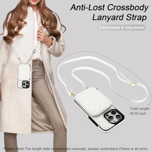 Bocasal Crossbody Wallet Case Card Holder for iPhone 16 Pro, White | RFID Blocking PU Leather Zipper Handbag Purse, Kickstand Flip Folio Case with Card Slots Holder Wrist Strap Lanyard 6.3 Inch - color: White