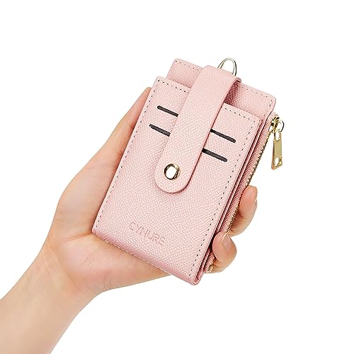 Women Leather RFID Card Holder Bifold Keychain Wallet - color: pink
