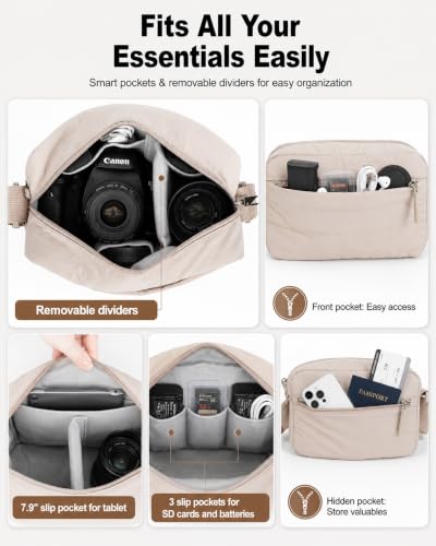 FHELAD Small Crossbody Bag for Women, Compact Puffer Camera Bag With Padded and Theft Zipper for Photographer, Travel (Khaki) - color: khaki