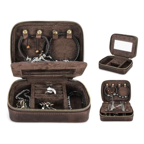 CONTACTS Full Grain Leather Jewelry Box for Men Travel Jewelry Organizer - size: Rectangular+mirror