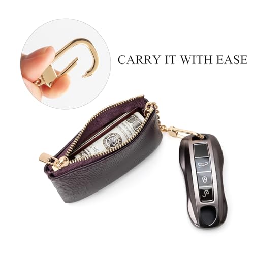 Full Grain Leather Coin Purse with Key Chain - Small Change Purse Keychain Card Holder Keychain Pouch Small Keychain Wallet for Women and Men (Eggplant Purple) - color: Eggplant Purple, Regular Size