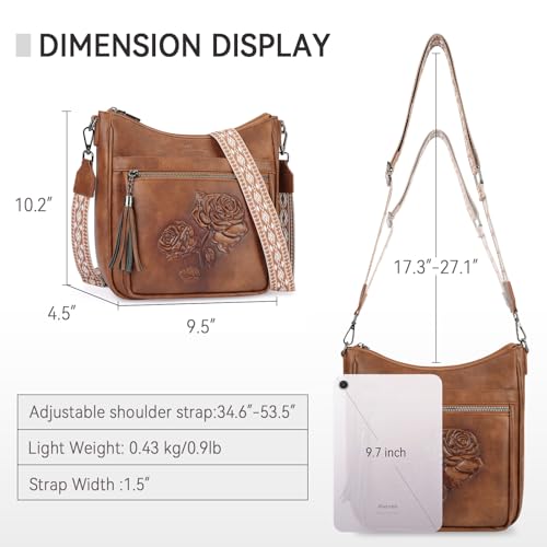Medium Crossbody Bags for Women,Vegan Leather Hobo Purses Embossed | Women's Shoulder Handbags with Adjustable Boho Strap for Daily Travel Lightweight Cross body Purses with Multi Pockets - color: 02-brown
