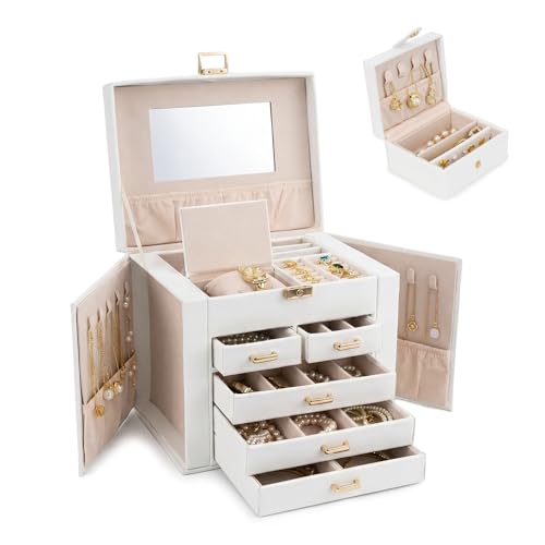 Jewelry Box with Travel Case, PU Leather 5-Layer Jewelry Organizer with Mirror & Lock, Velvet Lining Jewelry Storage for Women, Dresser Top Portable Jewelry Case, Gift for Women (White) - color: White