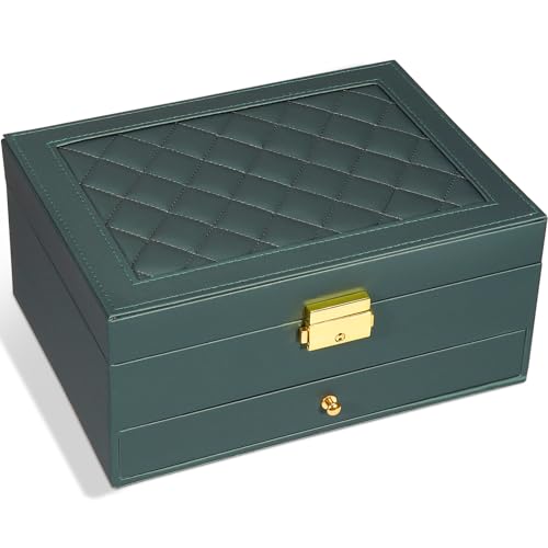 GUOER Jewelry Box for Women Girls, Two Layers Organizer, Hunter Green | Vintage Quilting Stitching PU Leather,Earrings Bracelets Rings Necklace Watches Storage Large Jewellery Holder Case Gifts - color: Hunter Green