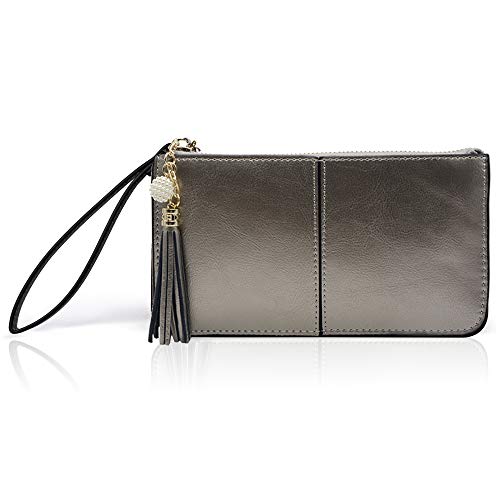 befen Genuine Leather Wristlet Clutch for Women Ultra-Slim Ladies Credit Card Holder Wallet Purses with RFID Protection - color: Warm Silver