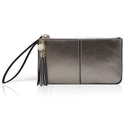 befen Genuine Leather Wristlet Clutch for Women Ultra-Slim Ladies Credit Card Holder Wallet Purses with RFID Protection - color: Warm Silver