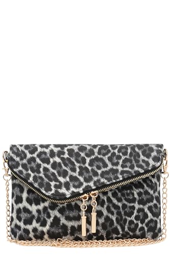 FashionPuzzle Envelope Wristlet Clutch Crossbody Bag with Chain Strap - color: Le023 Black