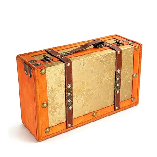 13.4in Vintage Wooden Storage Suitcase,Decorative Storage Box,Antique Treasure Chest with Leather Handle Buckle Clasp,Home Decor Luggage for Travel Party Photo Props Gift