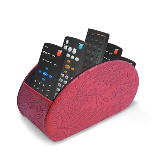 Remote Control Holder, PU Leather Remote Caddy Desktop Organizer with 5 Spacious Compartments for TV Remotes/Media Controllers/Office Supplies (1-Carved Red - color: 1-Carved Red