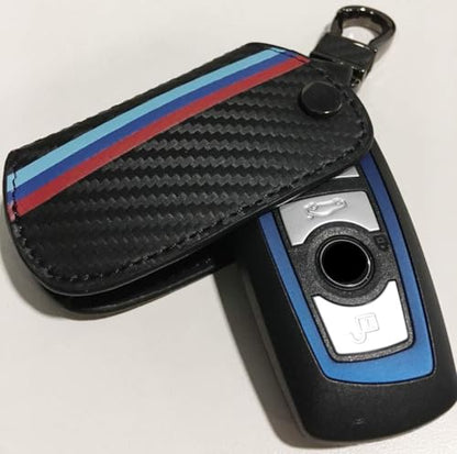 iJDMTOY Iconic 3-Color Stripe Black Carbon Fiber Pattern Leather Key Holder with Keychain Compatible With BMW 1 2 3 4 5 6 7 Series X3 Remote Fob - style: Compatible With 2 3 4 5 6 7 Series X1 X3 X4