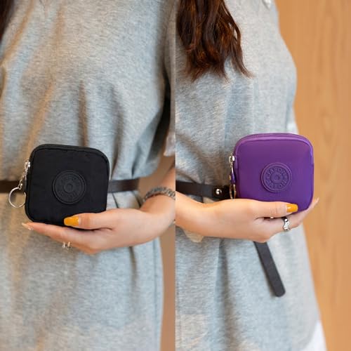 Coin Purse Change Pouch for Women 2 Layers Zipper Oxford Cloth Waterproof Purse (Black+Purple) - color: Black+Purple