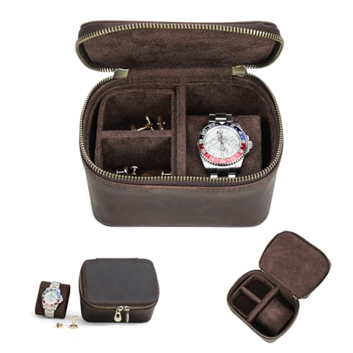 CONTACTS Crazy Horse Leather Watch Case and Cufflink Storage Box for Men Small Travel Zipper Jewelry Accessory Organizer - size: Square