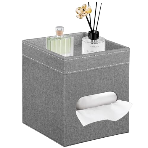 Square Tissue Box Cover with Storage Tray,Modern Decorative Tissue Holder | PU Leather Side Open Napkin Caddy,Facial Paper Dispenser for Bathroom Vanity,Night Stands,Desk,Stylish Home & Office Décor - color: Grey