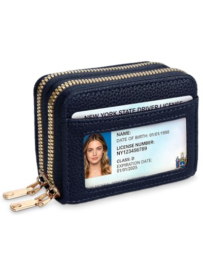 Credit Card Holder Wallet RFID Blocking, Leather Wallet for Women, Card Cases & Money Organizers with keychain Double Zipper Wallet with ID Window - color: Blue