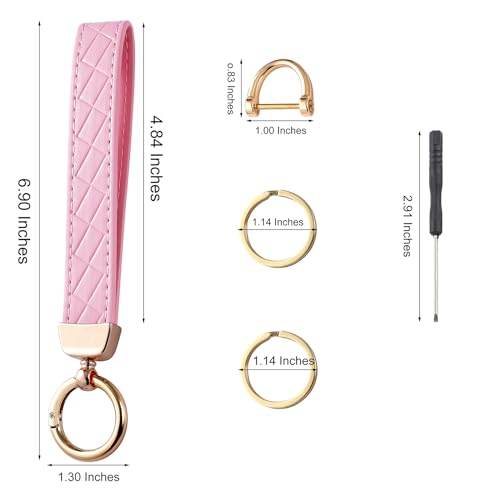Weixiltc Quilted Leather Wristlet Keychain, D-Ring Car Key Holder | Quilted faux leather & gold hardware. D-ring for car keys + 2 split rings. Hands-free, anti-loss for commute & travel - color: Pink