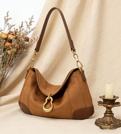 KingTo Small Hobo Shoulder Bag for Women, Retro Metal Pendant Satchel Purse - color: A-brown