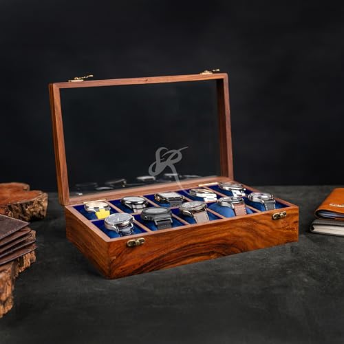 Handmade Mens watch box, Watch display case, Indian Rosewood single watch box case organizer for men, Velvet lining glass lid, Solid Gift for Him | Made for Special Events (TEN SLOT) - size: TEN SLOT