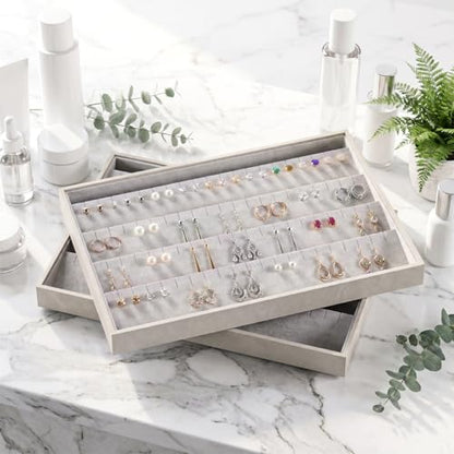 2-Piece Gray leather Stackable Jewelry Organizer Tray Set, Bracelet Ring Earring Holder Box, Necklace Display Stand for Storage and Retail Display (Earring) - style: Earring