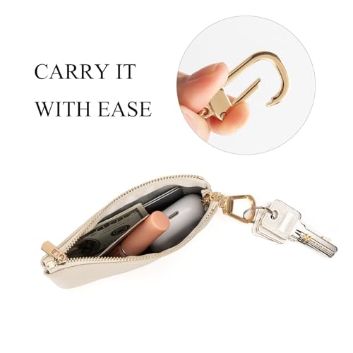 Full Grain Leather Coin Purse with Key Chain - Small Change Purse Keychain Card Holder Keychain Pouch Small Keychain Wallet for Women and Men (Creamy-white, Large Size) - color: Creamy-white, Large Size
