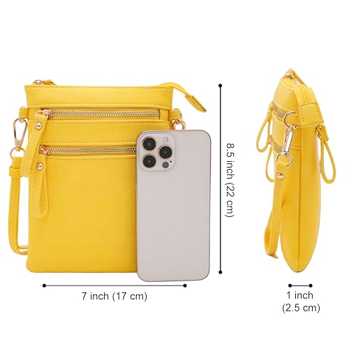Small Crossbody Bag for Women, Multi Zip Pockets with Detachable Wristlet, Lightweight Travel Purse, Cell Phone Pouch - color: Yellow