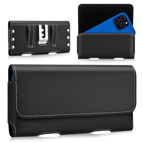 Gcepls Universal Cowhide Leather Phone Holster with Belt Clip Compatible with iPhone 17 Pro 17, 16 Pro 16,15 14 13 Pro,Samsung Galaxy S25 S24 S23 S22 S21 S20 (Black-Medium,Fits Thin Case on) - color: Black, size: Medium (6.3x3.35x0.7”)
