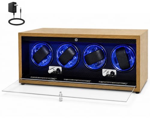 4 Slots Watch Winder for Automatic Watches, Walnut Winding Watch Box with Blue LED & Japanese Quiet Motor for Rolex and Auto Watches, Wooden Rotating Watch Case Used for Display, Storage & Gift - size: 4 slots Lid-Open Auto Stop