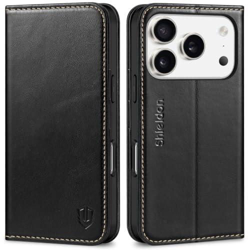 SHIELDON Genuine Leather Wallet Case for iPhone 17 Pro 6.3", Retro Black | Magnetic Closure, RFID Blocking, Credit Card Holder, Viewing Stand, Folio Design, Shockproof Protective Cover - color: Retro Black