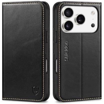 SHIELDON Genuine Leather Wallet Case for iPhone 17 Pro 6.3", Retro Black | Magnetic Closure, RFID Blocking, Credit Card Holder, Viewing Stand, Folio Design, Shockproof Protective Cover - color: Retro Black