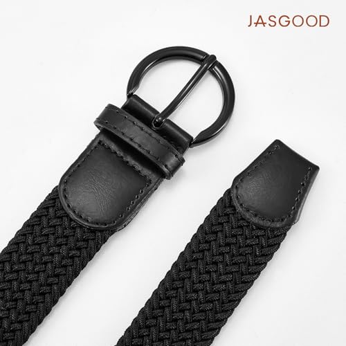 JASGOOD Women Men Braided Woven Elastic Stretch Waist Belt Golf Canvas Fabric Casual Belt for Jeans Pants - color: All Black, size: Fit Size 33"-36"
